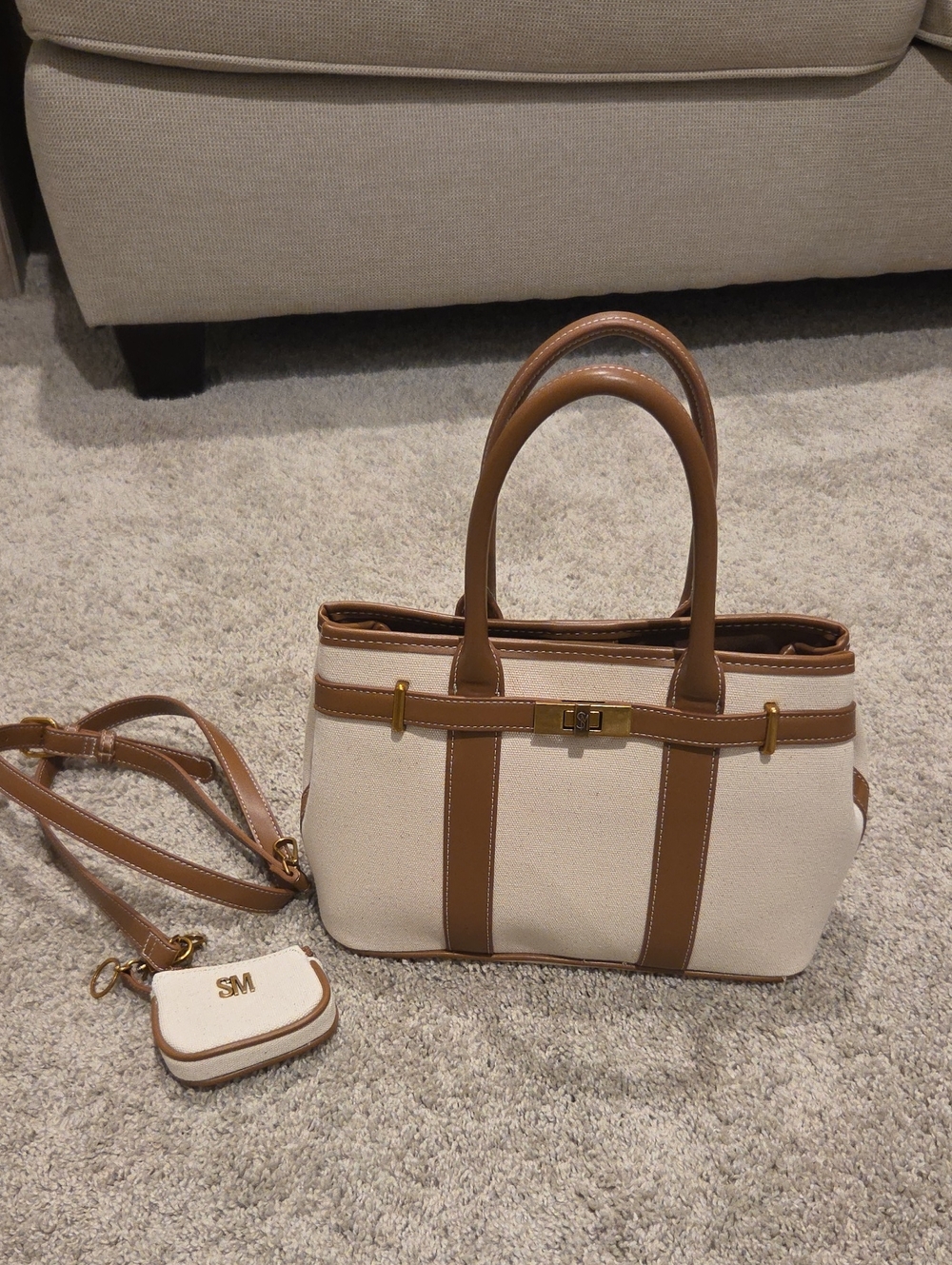 Steve Madden Cream and Tan Canvas Tote Satchel